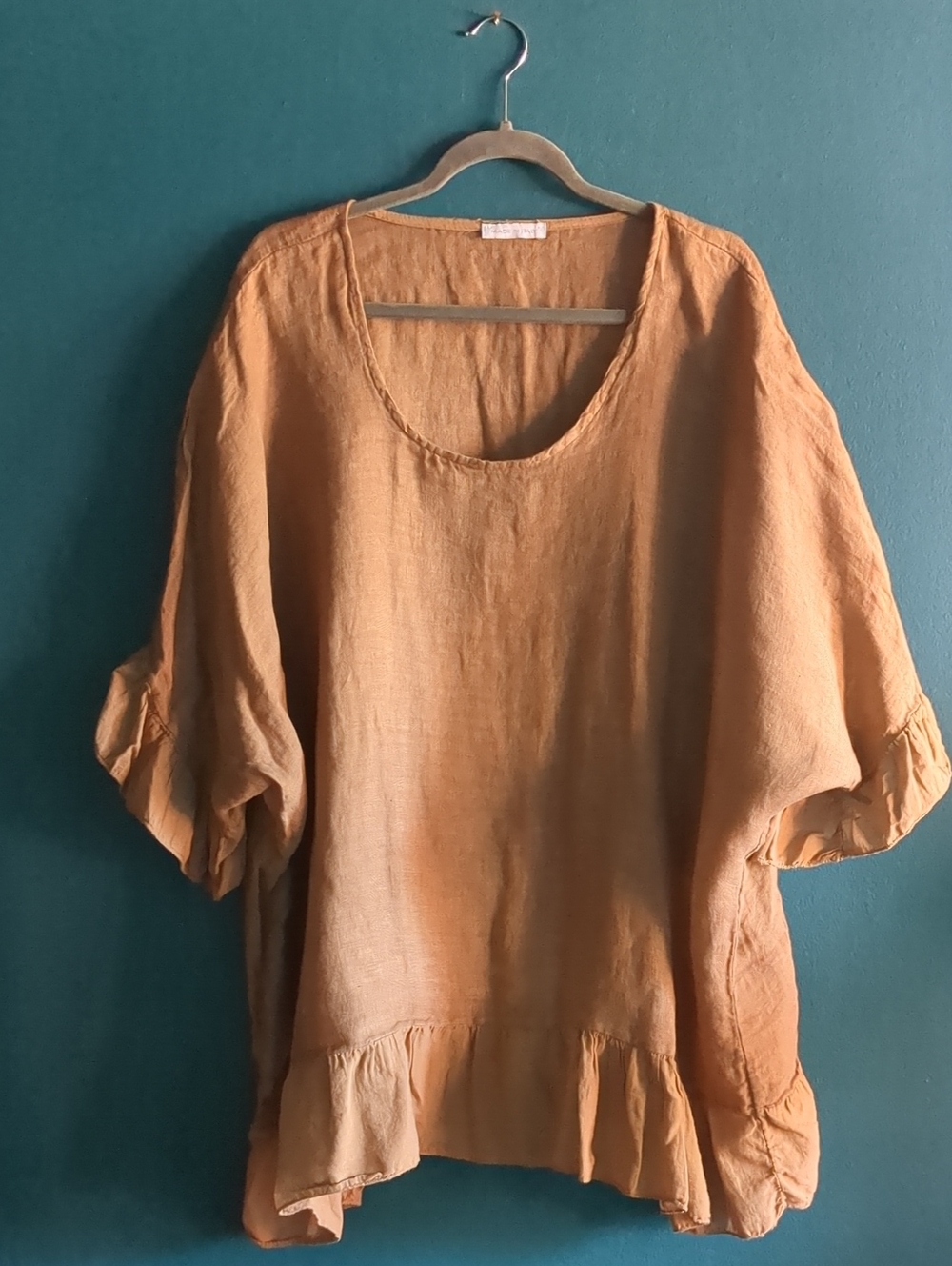 100% Linen Oversized Ruffle Hem Tunic Blouse Lightweight One Size